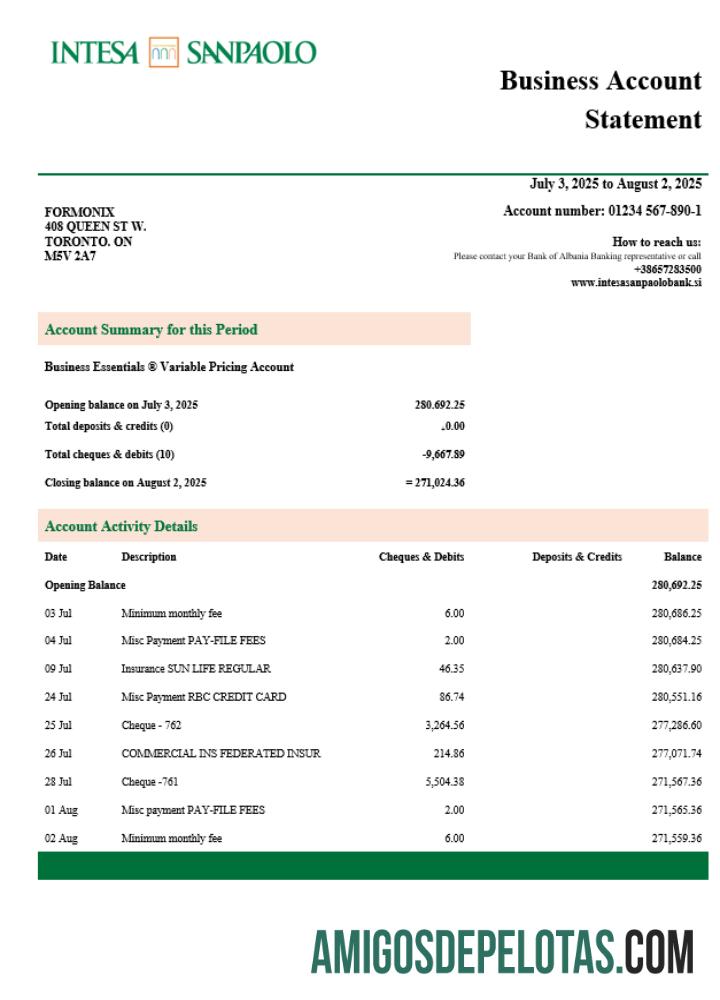 Em branco Eslovênia Intesa Sanpaolo Enterprise Account Statement Word And PDF model